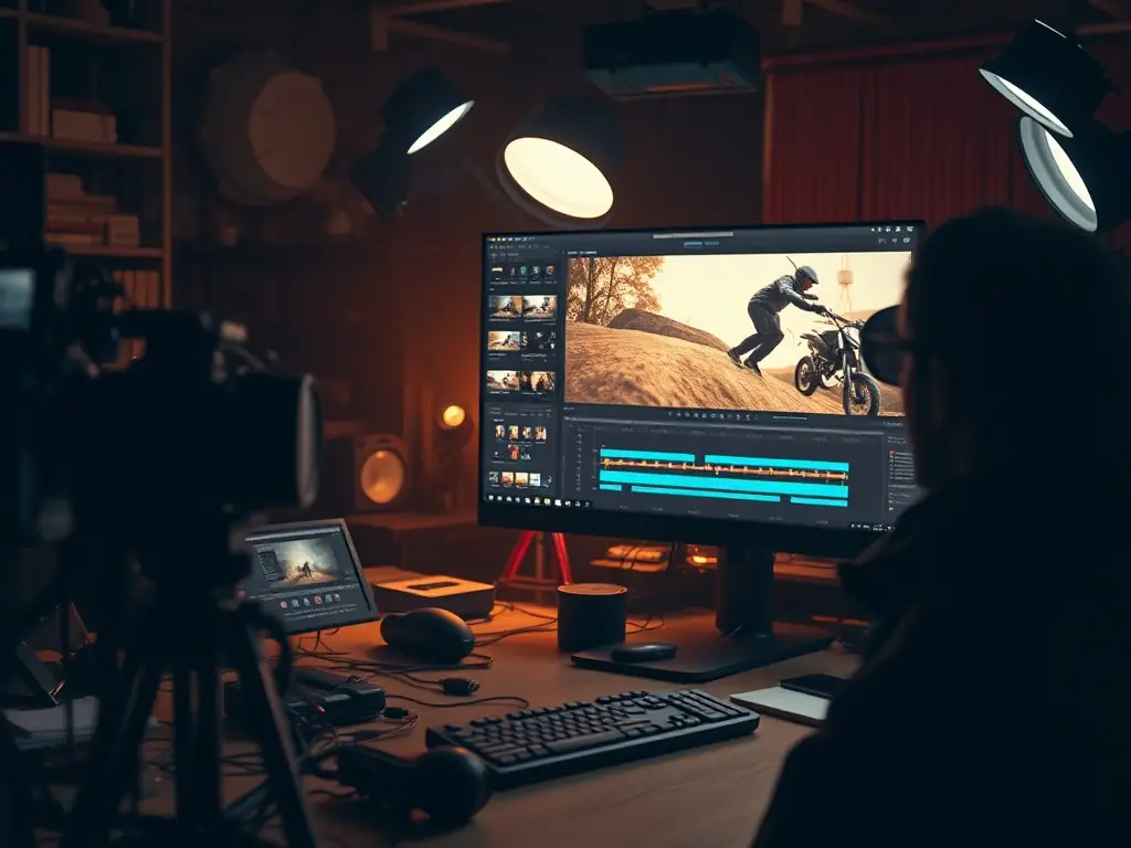 A dynamic video editing setup with professional equipment and software, illustrating Apex Visuals' video editing services. The scene should convey creativity and attention to detail.